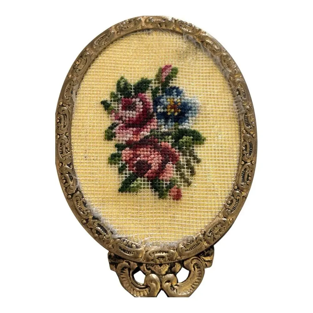 Small Floral Needlepoint Embroidery Brass Filigree Hand Mirror Oval Vintage 5”